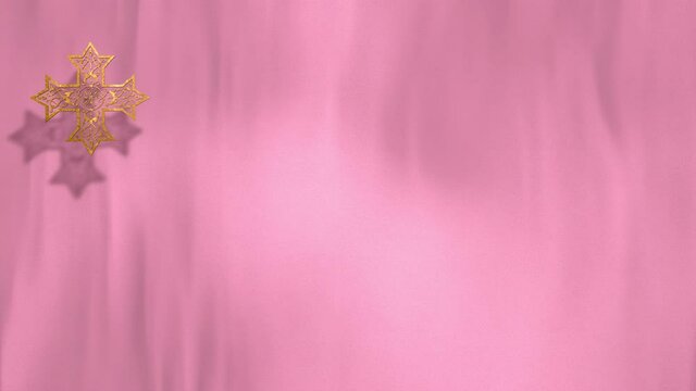 Liturgical rose pink velvet, golden Christian Coptic Orthodox Cross. 3D animation copy space loop background for worship live stream church sermon. Concept of Advent, Gaudete, and Laetare Sunday.