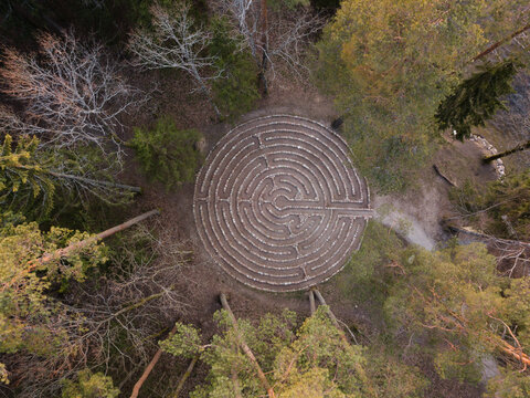 Aerial view of stone labyrinth near Germantas Lake in Telšiai, Lithuania
