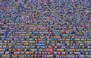 Aerial view of South Asia's largest Eid-ul-Fitr Congregation held in Gor-e-Shahid Boro Math, Dinajpur, Bangladesh.