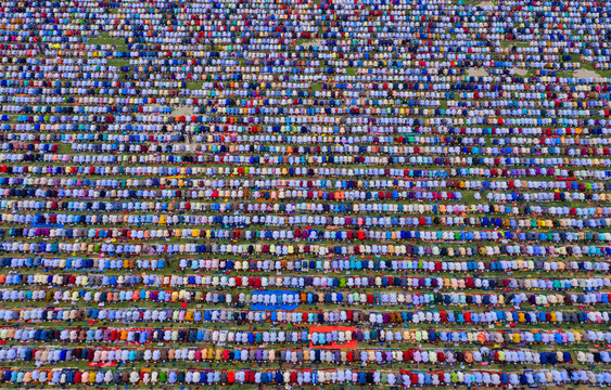 Aerial view of South Asia's largest Eid-ul-Fitr Congregation held in Gor-e-Shahid Boro Math, Dinajpur, Bangladesh.
