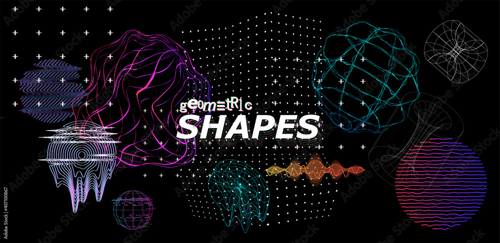 Poster modern trendy shapes with glitch effect. 3d universal elements in concept cyberpunk, retro futurism,
