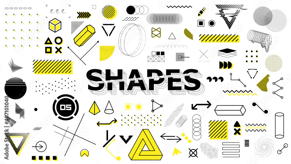 Aufkleber Geometric sign, shapes, elements in memphis style. Universal graphics design elements, trendy retrofuturism shapes in minimal style. Geometric shapes and trending abstract elements. Vector set