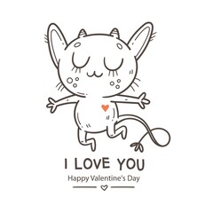 Valentine's day card with cute cartoon imp. Greeting print with doodle funny animal. Line art poster for children. Vector holiday illustration.