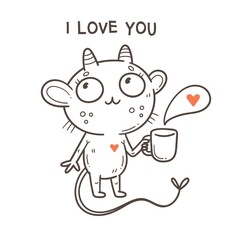 Valentine's day card with cute cartoon imp. Greeting print with doodle funny animal. Line art poster for children. Vector holiday illustration.