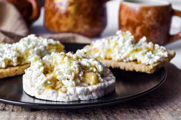breakfast of bread with cottage cheese and honey