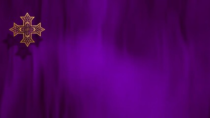 Liturgic purple velvet with golden Christian Coptic Orthodox Cross. 3D animation loop background for worship live stream church sermon. Concept for Cross of Our Lord, Lent, Great and Holy Thursday.