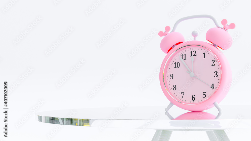 Poster pink alarm clock on round table in white office. clipping path and copy space for your text. minimal