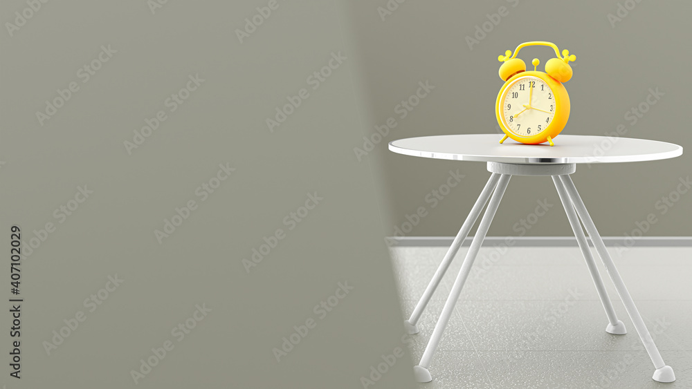 Poster yellow alarm clock on round table in gray room and copy space for your text. minimal idea concept. 3