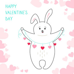 Happy valentines Day greeting card, rabbit holding garland of hearts. Draw doodle cartoon style. Romantic banner cute hand drawn rabbit. Design for print, about love hearts vector illustration