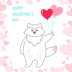 Fox with air balloon, hearts background Happy Valentines Day greeting card. Draw doodle cartoon style. Romantic banner cute forest fox. Design for print, about love hearts vector illustration
