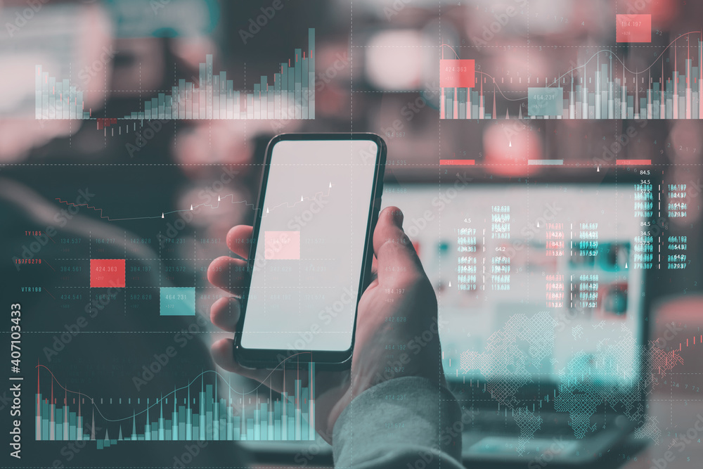 Aufkleber business analytics with key performance indicators dashboard concept. man with laptop holds mockup p