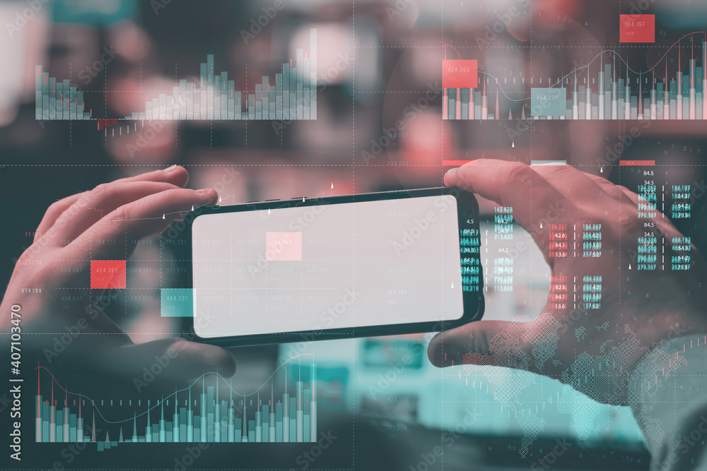 Poster business analytics with key performance indicators dashboard concept. man holds mockup phone with wh