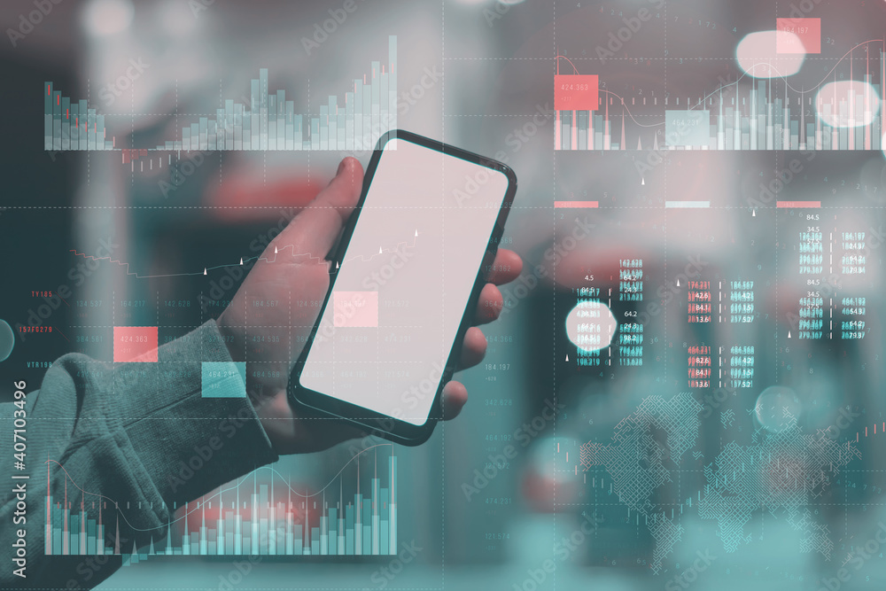 Poster business analytics with key performance indicators dashboard concept. man holds mockup phone with wh