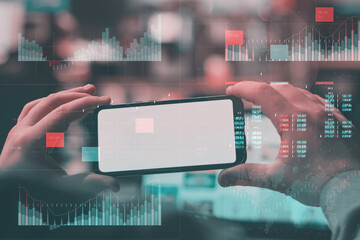 Business analytics with key performance indicators dashboard concept. Man holds Mockup phone with white screen.