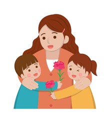 
Mother's Day comic characters vector illustration, mother and daughter with son celebrating holiday with carnation