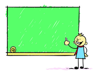 Back to school. Hand drawn colored illustration of a boy who stands front of the board. All colors and lines are grouped separately. Editable about changing color. Vector EPS. 