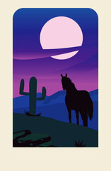 wild west night desert scene with horse and cactus