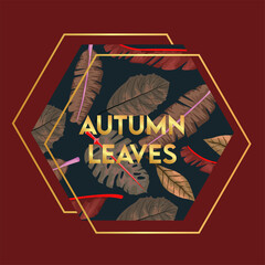 autumn leaves lettering in poster with dry leafs in hexagon frame