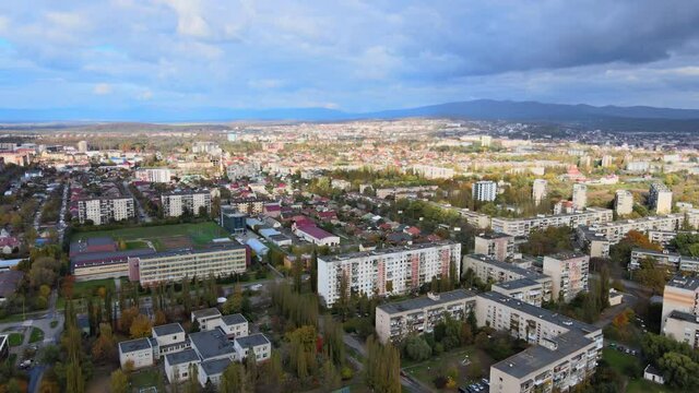 Residential area of the city at aerial cityscape houses in small town in the countryside. Uzhhorod Ukraine Europe