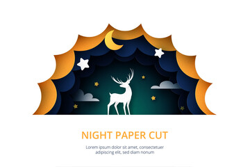 Deer in night sky paper cut style.Dark blue cloudy landscape with stars and crescent moon.