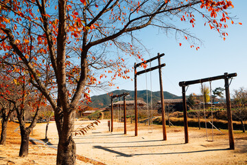 Fototapeta na wymiar Korean traditional swing with maple at Andong Hahoe Folk Village in Andong, Korea