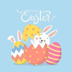 Obraz na płótnie Canvas Happy Easter greeting card with cute white bunny and eggs. Rabbit character set. Animal wildlife holidays cartoon. -Vector.