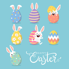Happy Easter greeting card with cute white bunny and eggs. Rabbit character set. Animal wildlife holidays cartoon. -Vector.