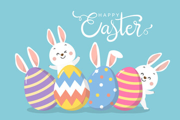 Happy Easter greeting card with cute white bunny and eggs. Rabbit character set. Animal wildlife holidays cartoon. -Vector.