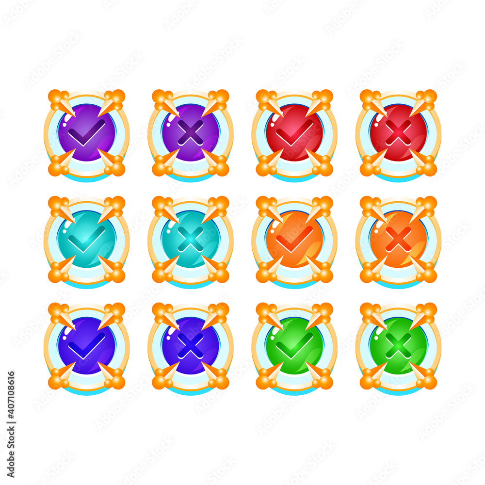 Aufkleber set of freeze ice medieval jelly game ui button yes and no check marks for gui asset elements vector