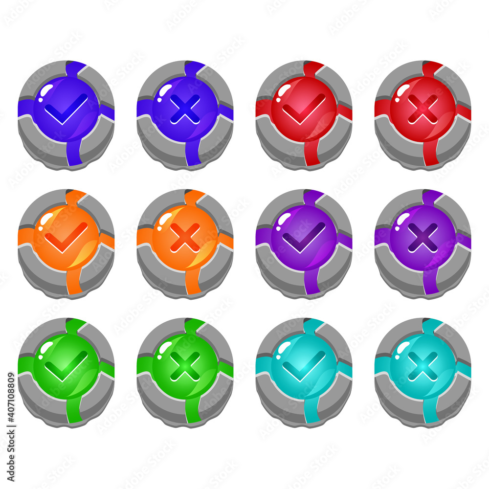Fototapete set of broken stone rock jelly game ui button yes and no check marks for gui asset elements vector i