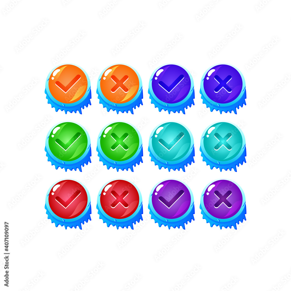 Poster set of ice winter jelly game ui button yes and no check marks for gui asset elements vector illustra