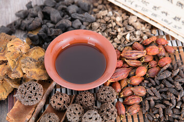 A pile of all kinds of traditional Chinese medicine and prescriptions and a bowl of decocted decoction