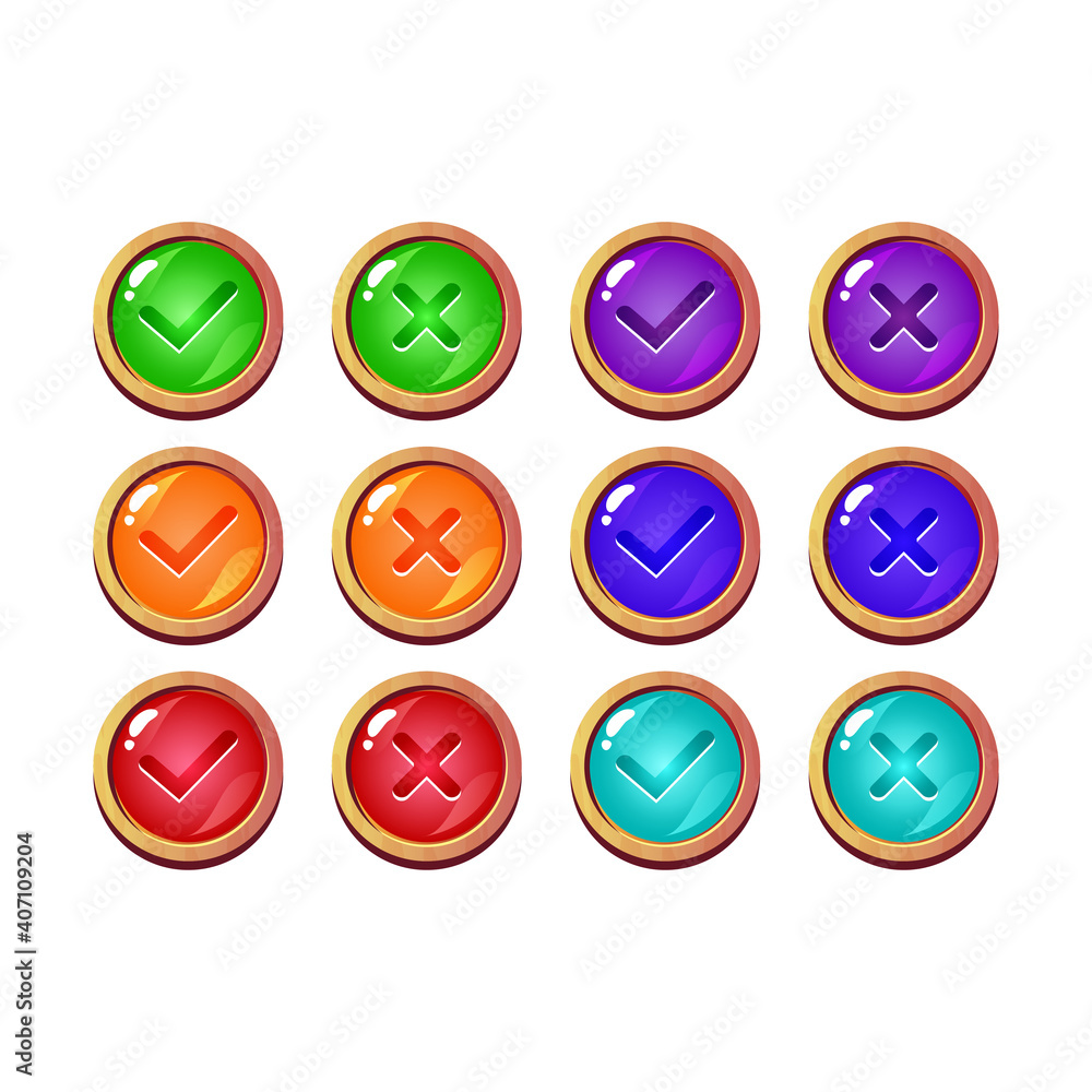 Aufkleber set of funny violet jelly game ui button yes and no check marks for gui asset elements vector illust