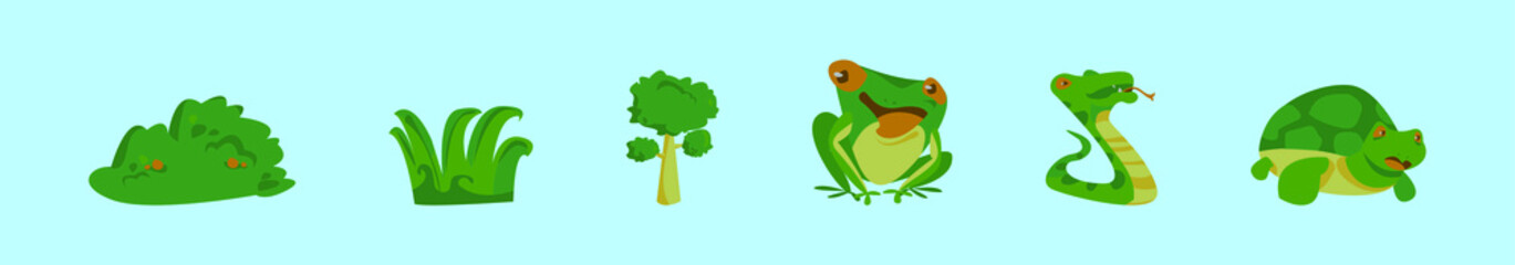 set of green plants and animals cartoon icon design template with various models. vector illustration isolated on blue background