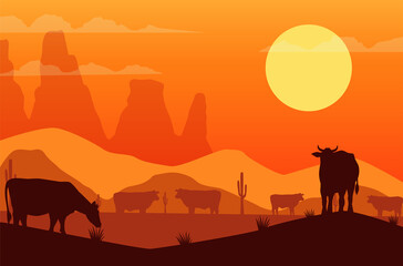 Fototapeta na wymiar wild west sunset scene with cows