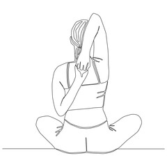 Continuous line of woman doing yoga in cow face pose backside vector