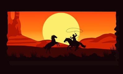 Fototapeta na wymiar wild west desertic sunset scene with cowboy and horses