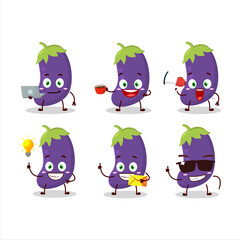 Eggplant cartoon character with various types of business emoticons