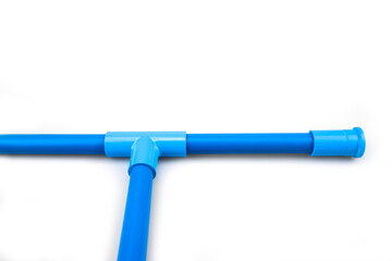 Blue PVC pipe set, separate on a white background, blue plastic water pipe, PVC accessories for plumbing work Plumber equipment Bend and connect the three-way plastic pipe to drain the waste water.