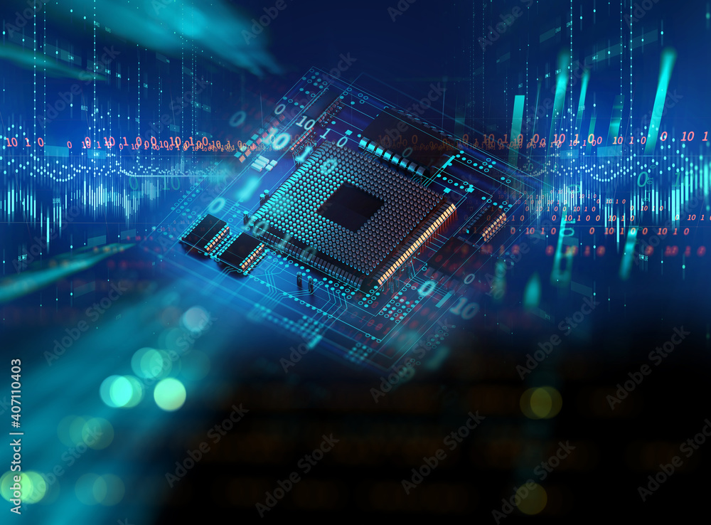 Aufkleber 3d rendering  of Abstract futuristic blue circuit board and cpu