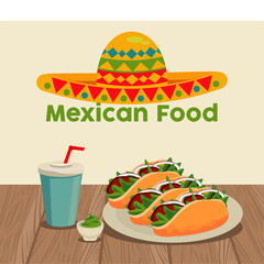 mexican food template with mariachi hat and tacos in wooden table