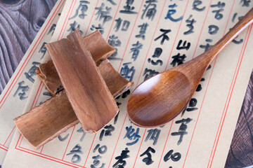 Cinnamon and wooden spoon on the prescription