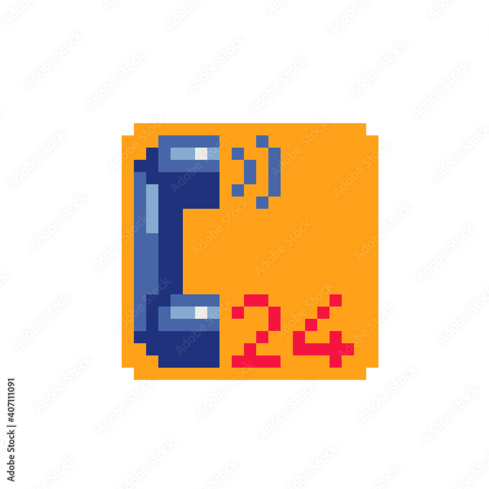 Poster retro handset, round-the-clock service, 24 hours, pixel art style icon. call button. web site design