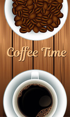 coffee time lettering with grains in dish and cup wooden background