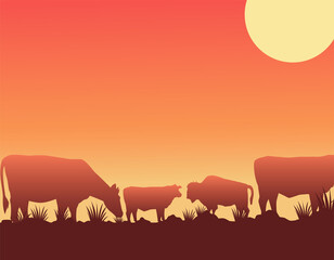 Fototapeta na wymiar wild west sunset scene with cows in the camp