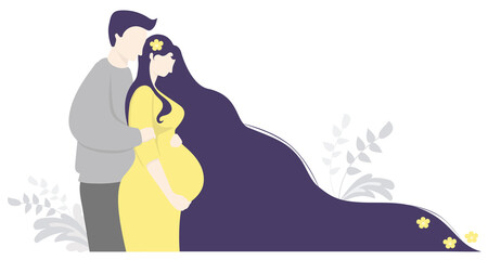 Motherhood and family. Happy pregnant woman with flowers in long hair in a yellow dress hugs belly. A man stands next to her and gently hugs her. Vector illustration. Cute decorative horizontal banner