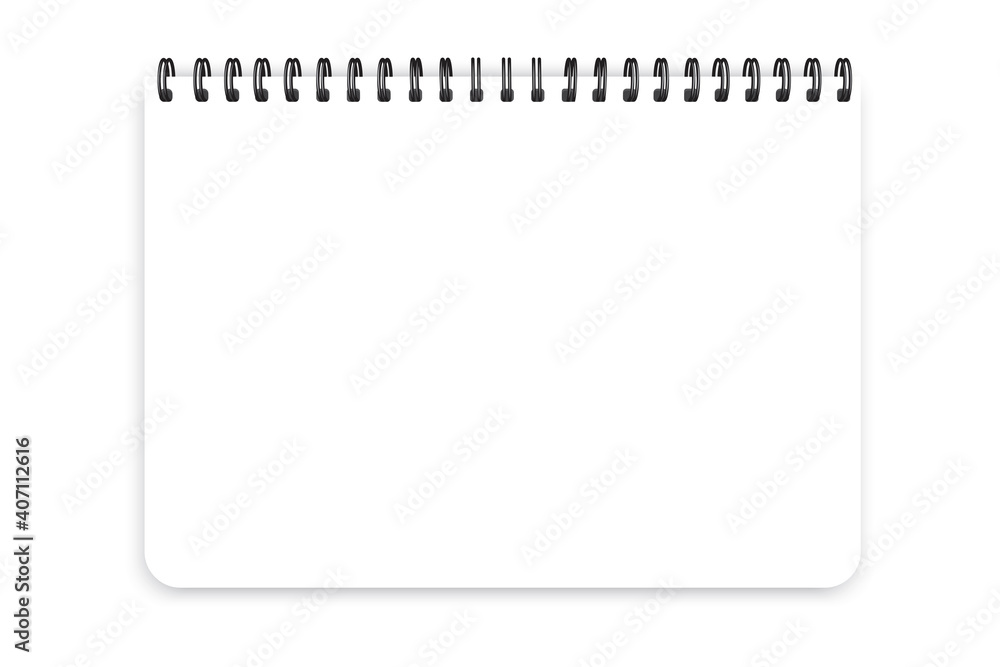 Poster realistic template blank horizontal spiral notepad. empty space. stock image.