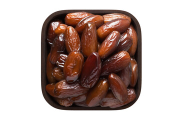 dried date fruit in square bowl isolated on white background. organic food, top view.