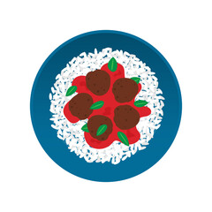 rice with meatballs on plate top view