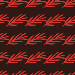 Contrast seamless pattern with pink bright branches with leaves elements. Black background.